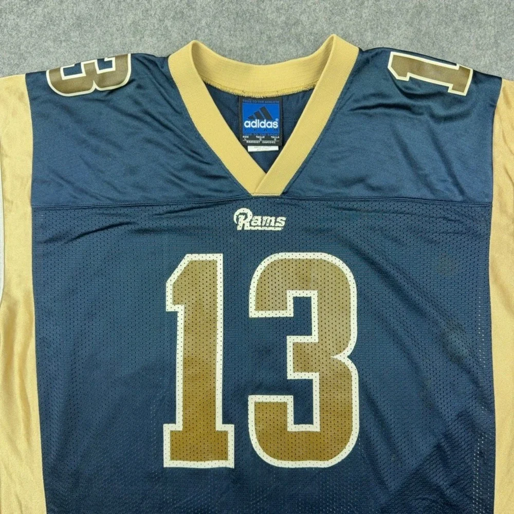 VTG St. Louis Rams Jersey Mens Large Blue Kurt Warner 13 Adidas Football 90s‎